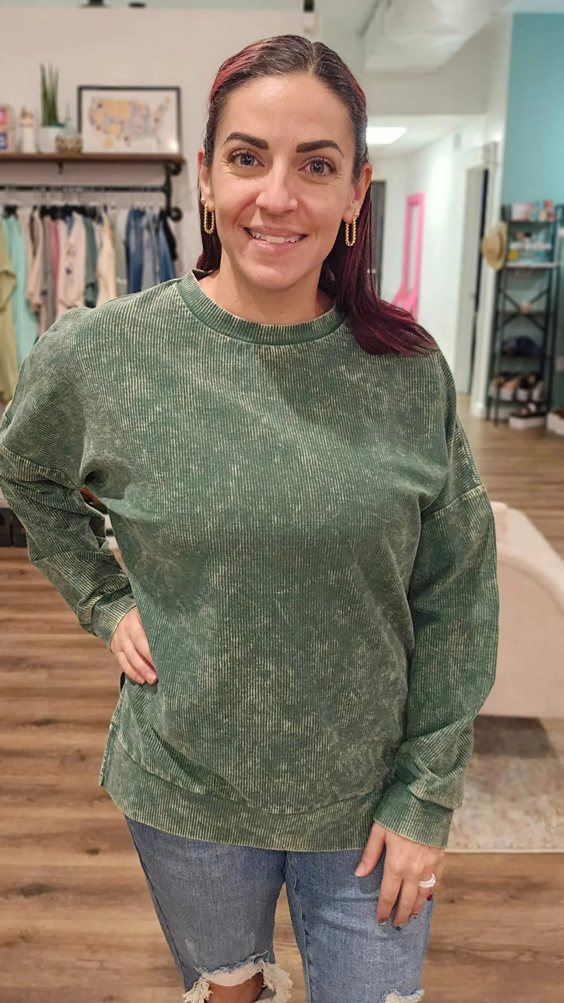 Alexis Corded Crewneck Pullover - Green