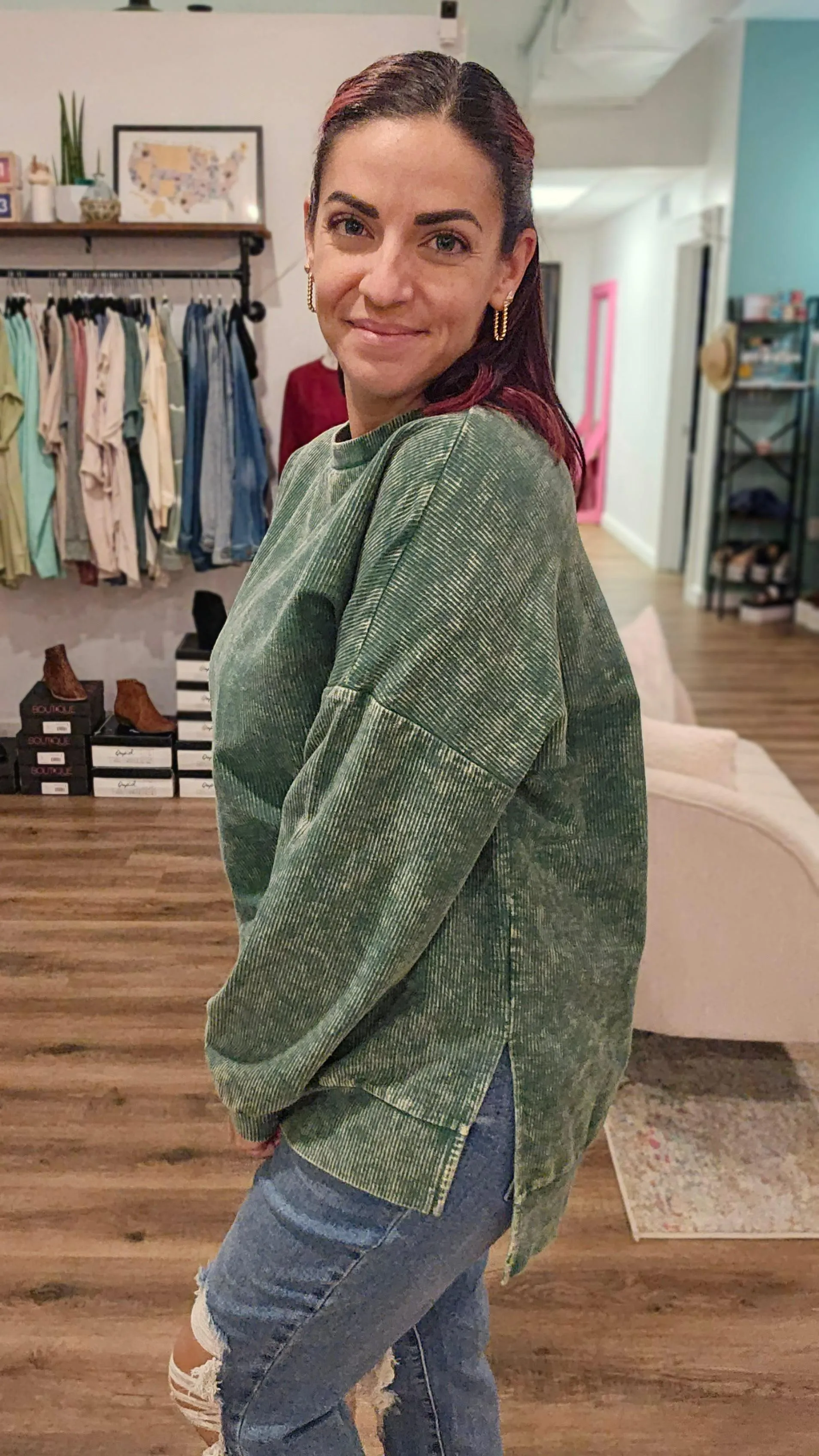 Alexis Corded Crewneck Pullover - Green