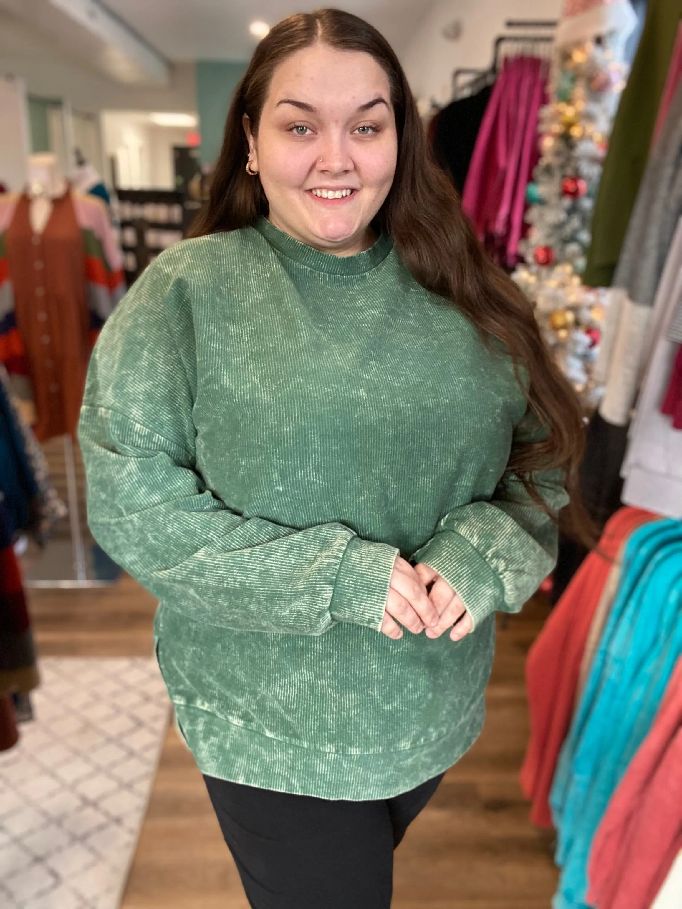 Alexis Corded Crewneck Pullover - Green