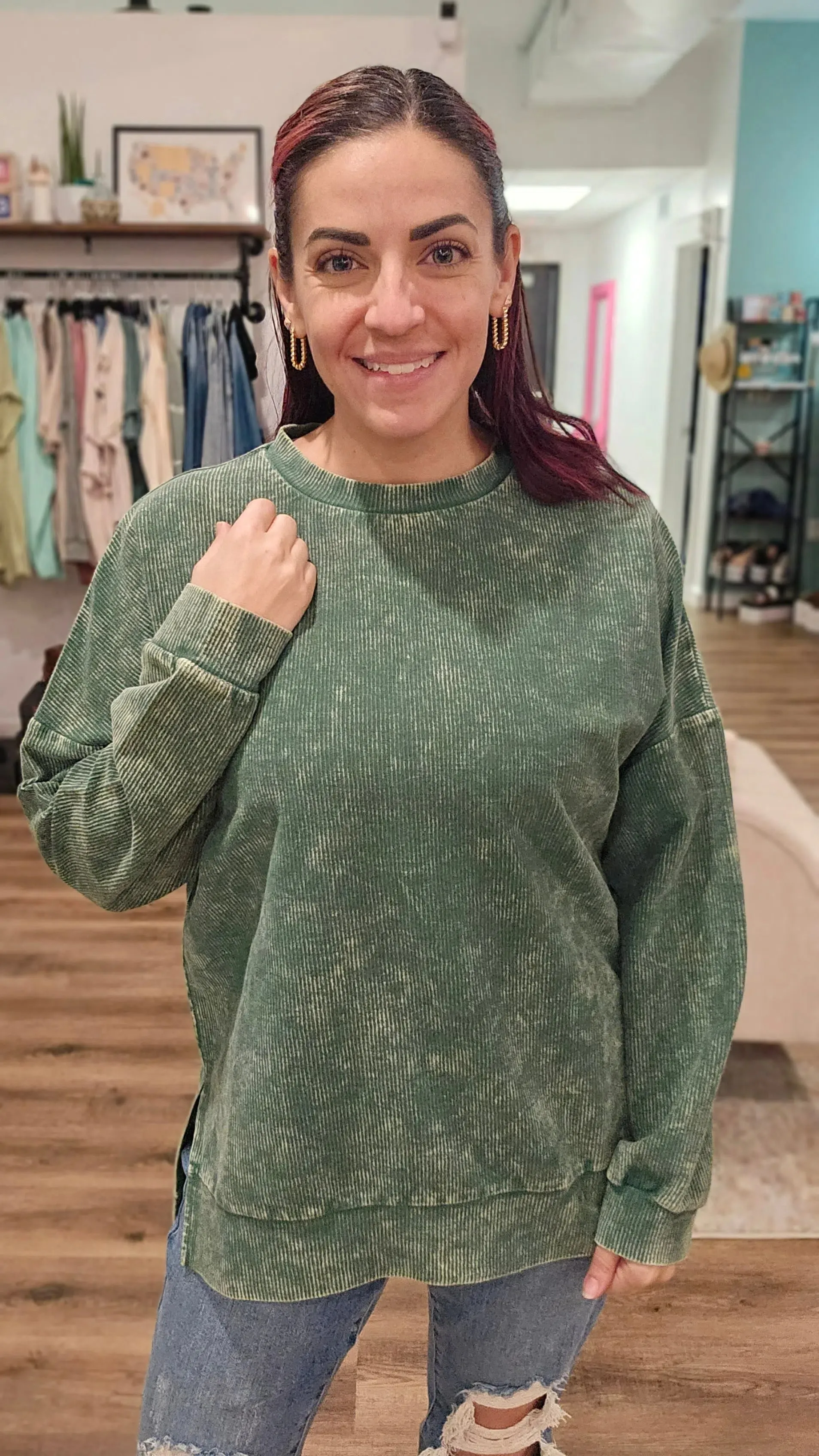 Alexis Corded Crewneck Pullover - Green