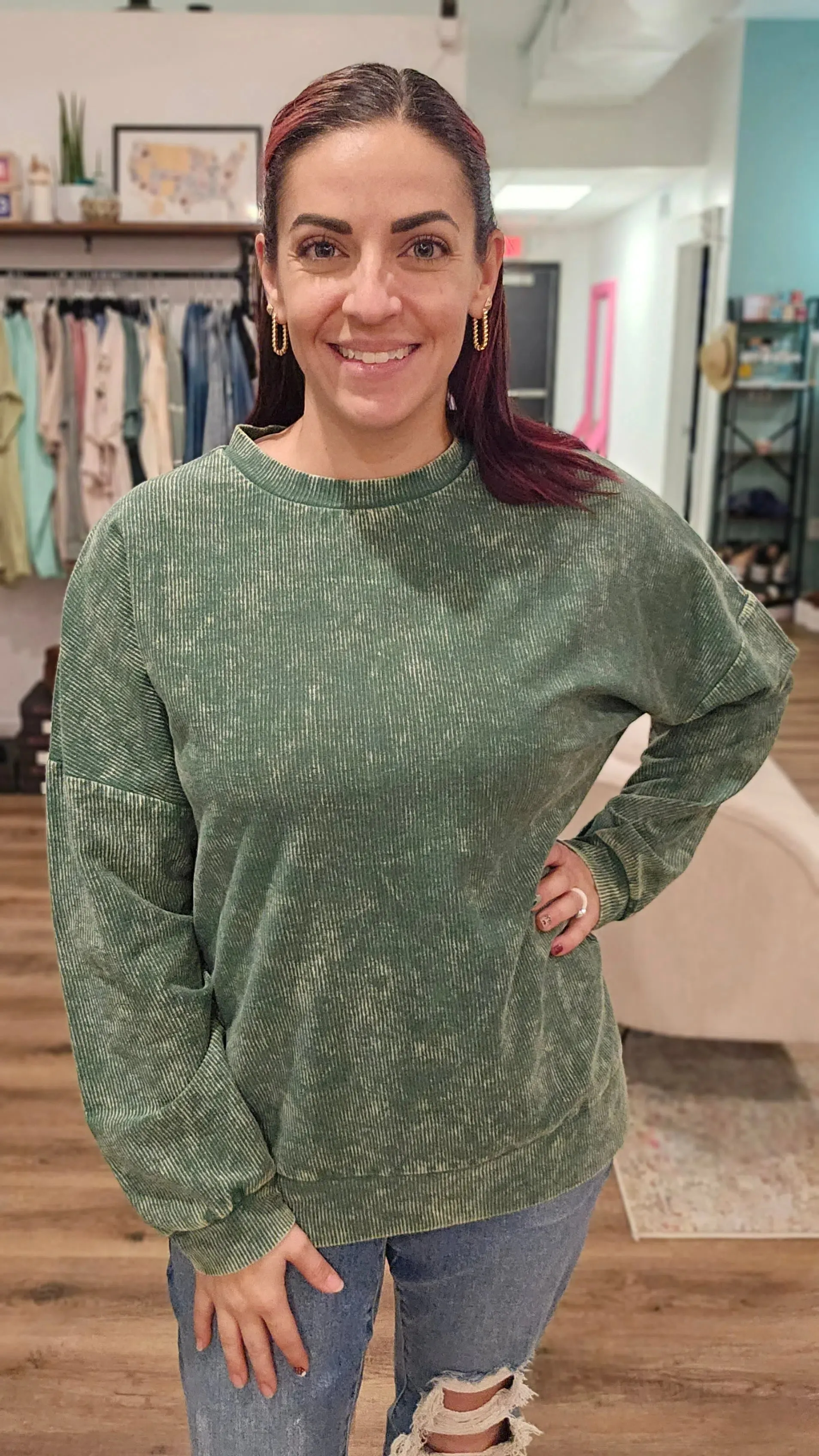 Alexis Corded Crewneck Pullover - Green