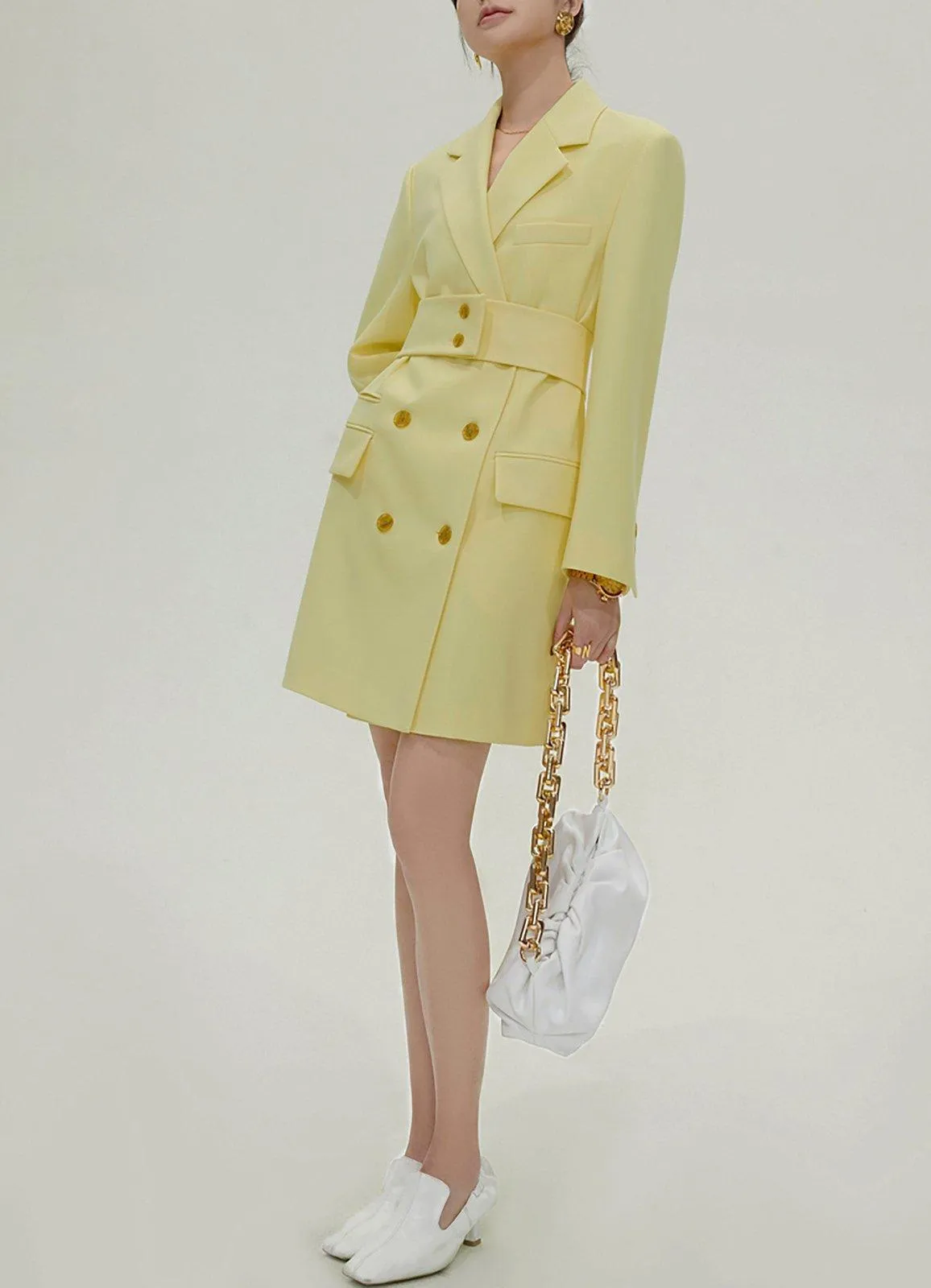 Aviva Yellow Double Breasted Long Sleeve Blazer Dress