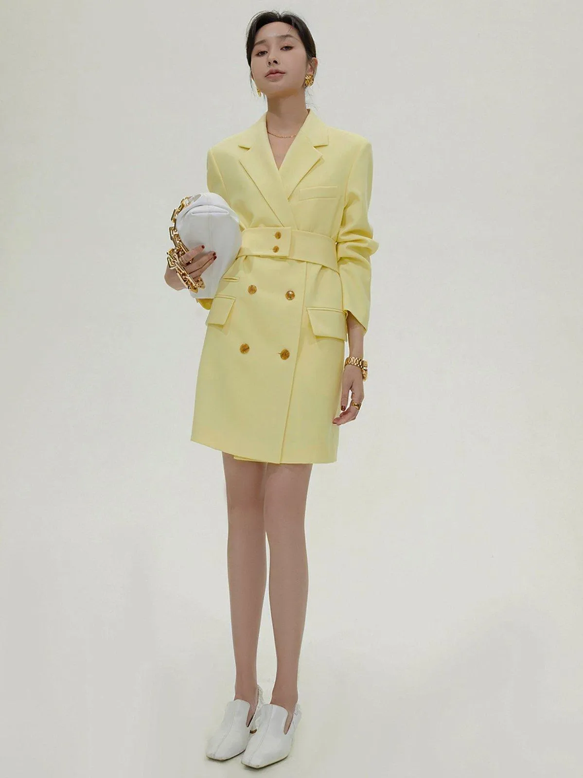 Aviva Yellow Double Breasted Long Sleeve Blazer Dress