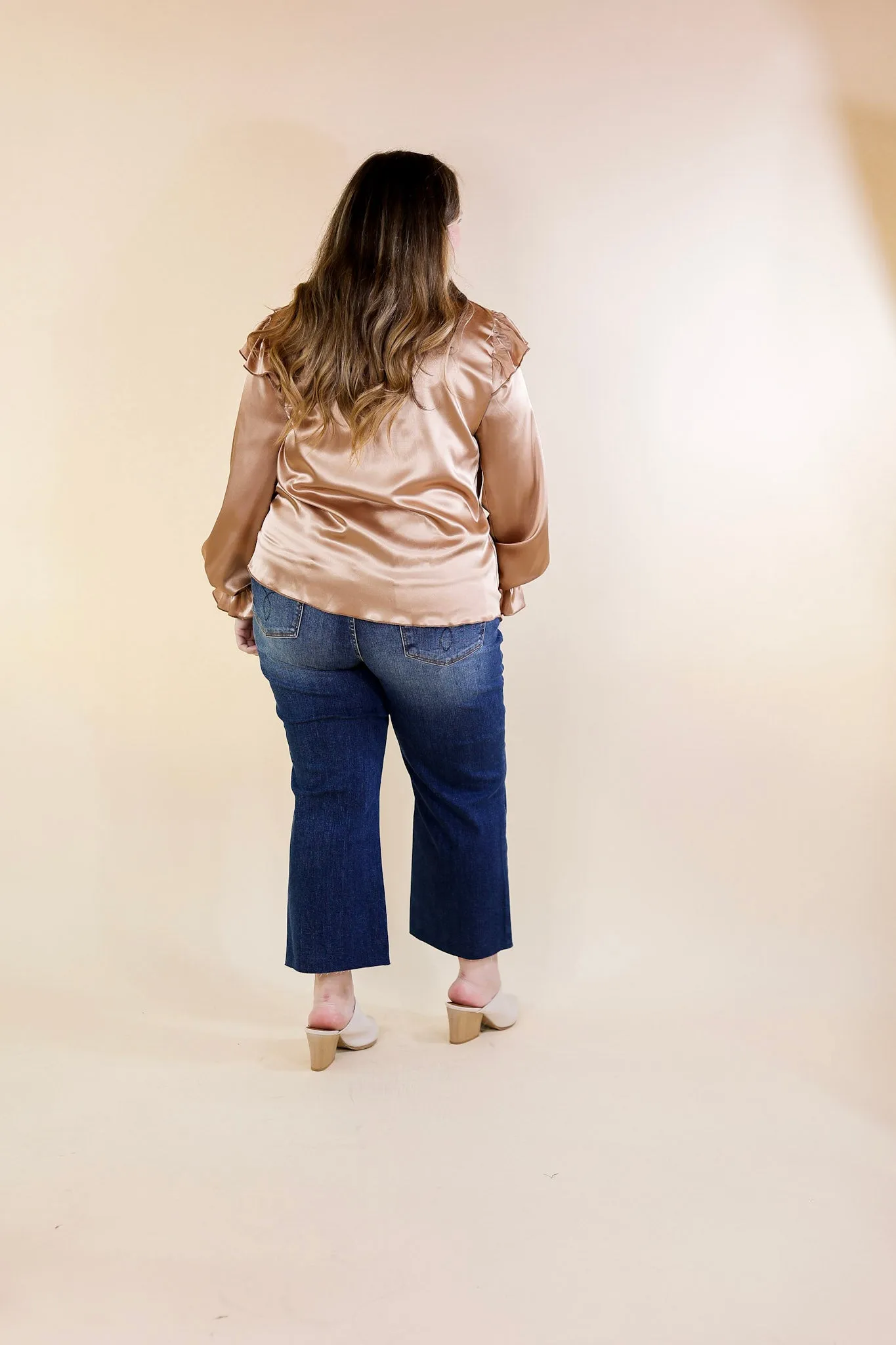 Can't Stop Me Ruffle Mock Neck Long Sleeve Satin Top in Champagne