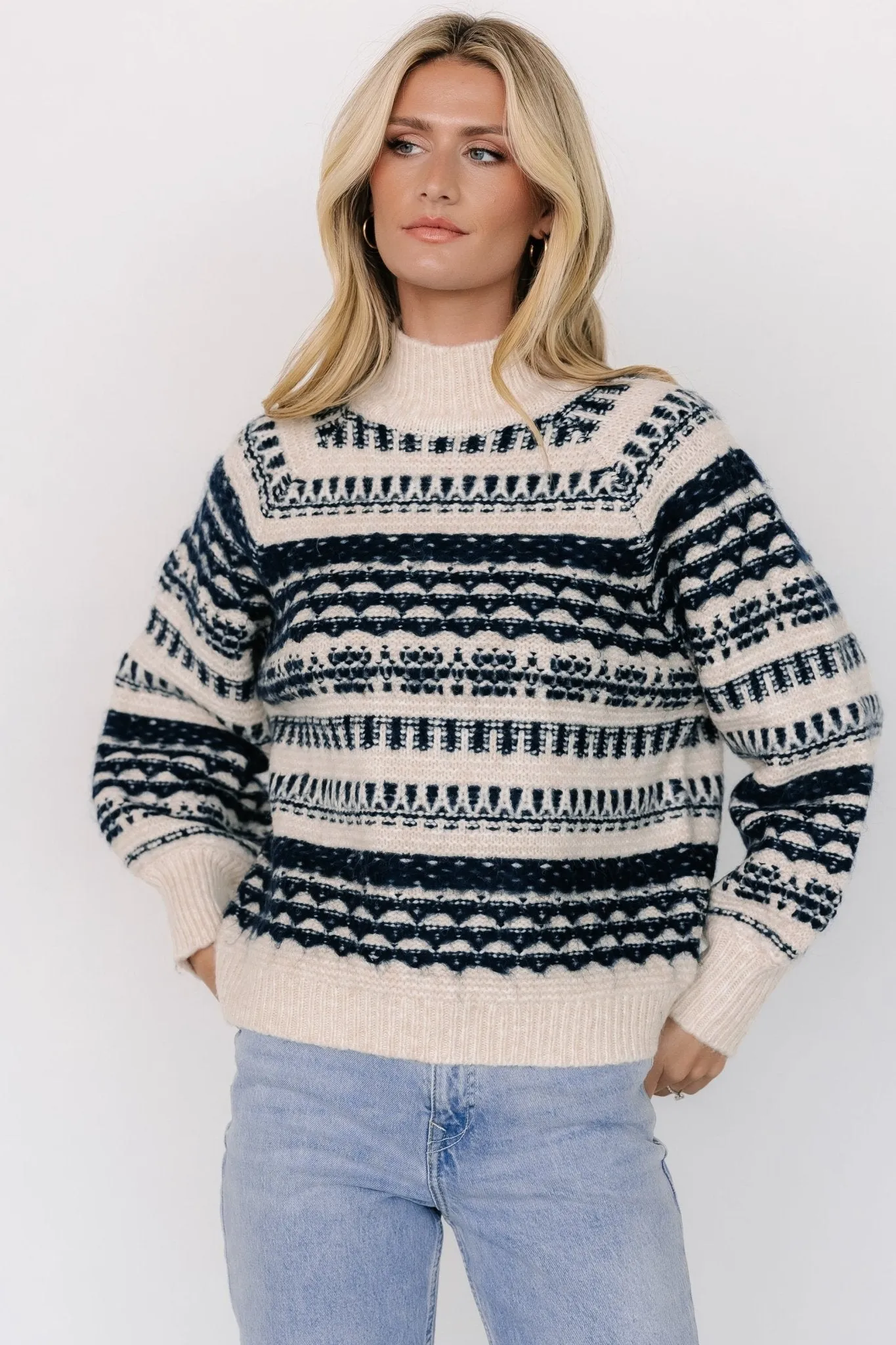 Guadalupe Mock Neck Sweater | Ivory   Navy