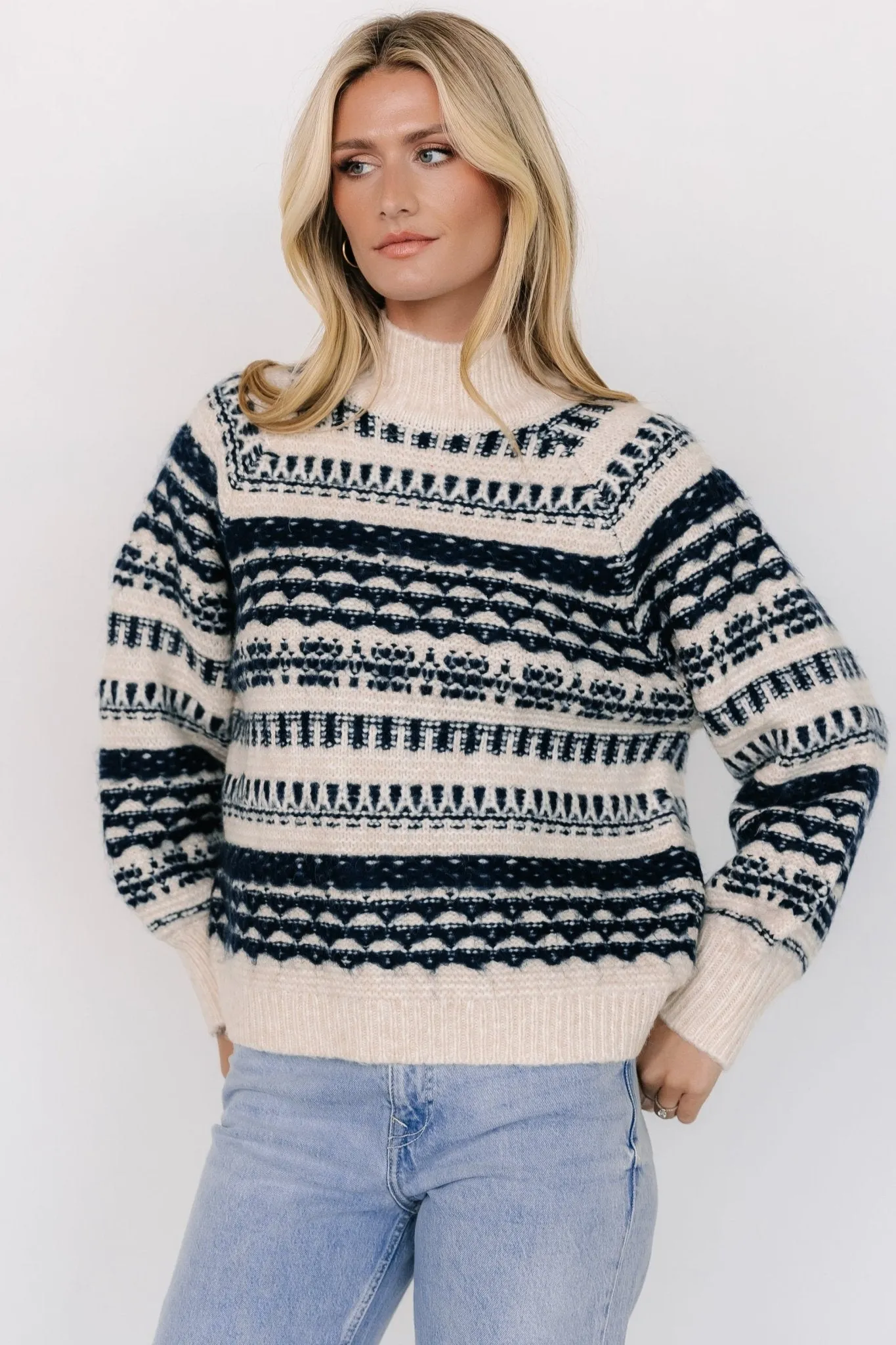 Guadalupe Mock Neck Sweater | Ivory   Navy