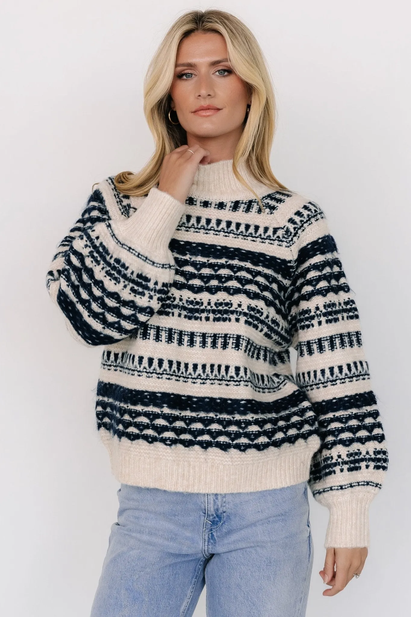 Guadalupe Mock Neck Sweater | Ivory   Navy