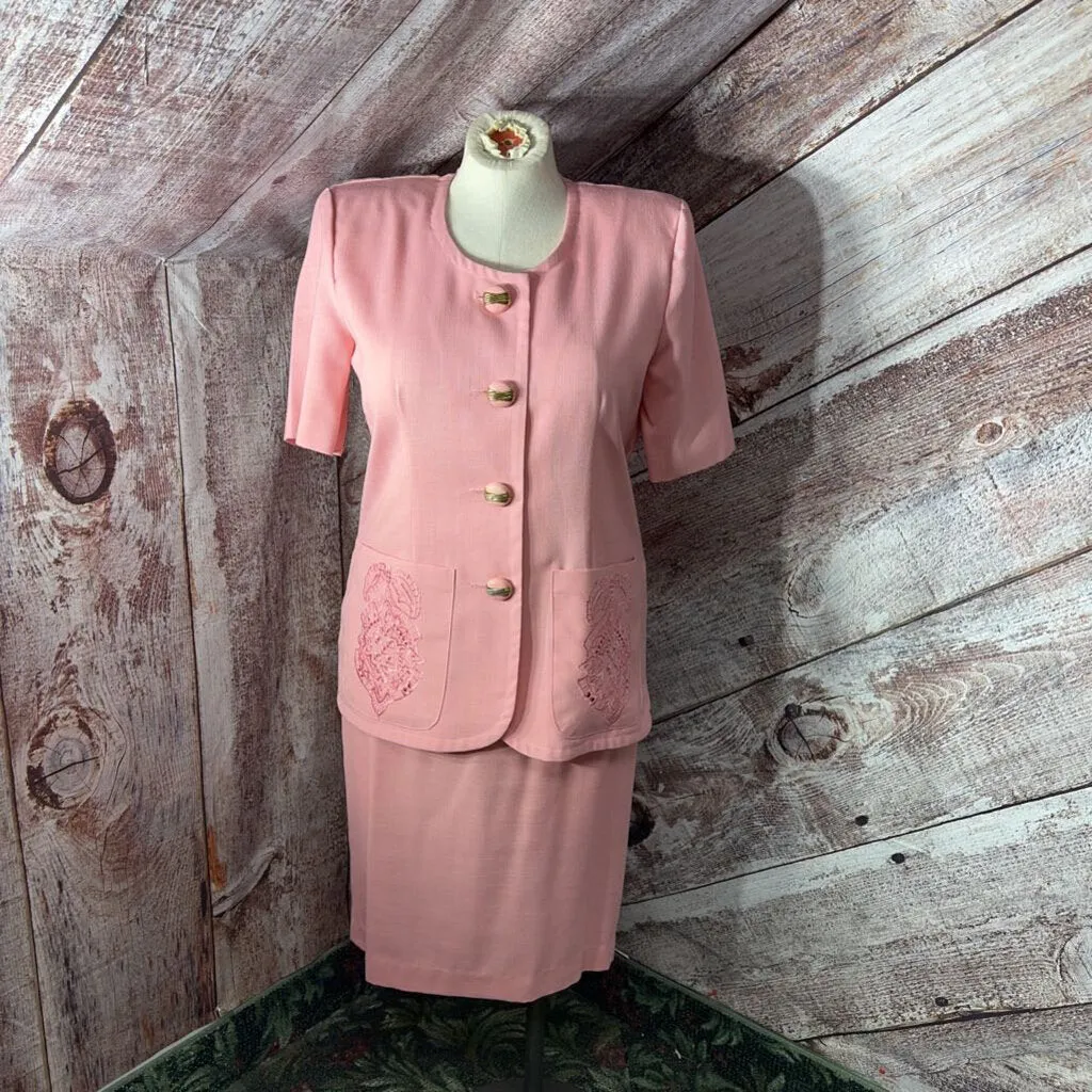 LADY CAROL PINK EMBROIDERED JACKET SKIRT SET SZ P 16 D2C