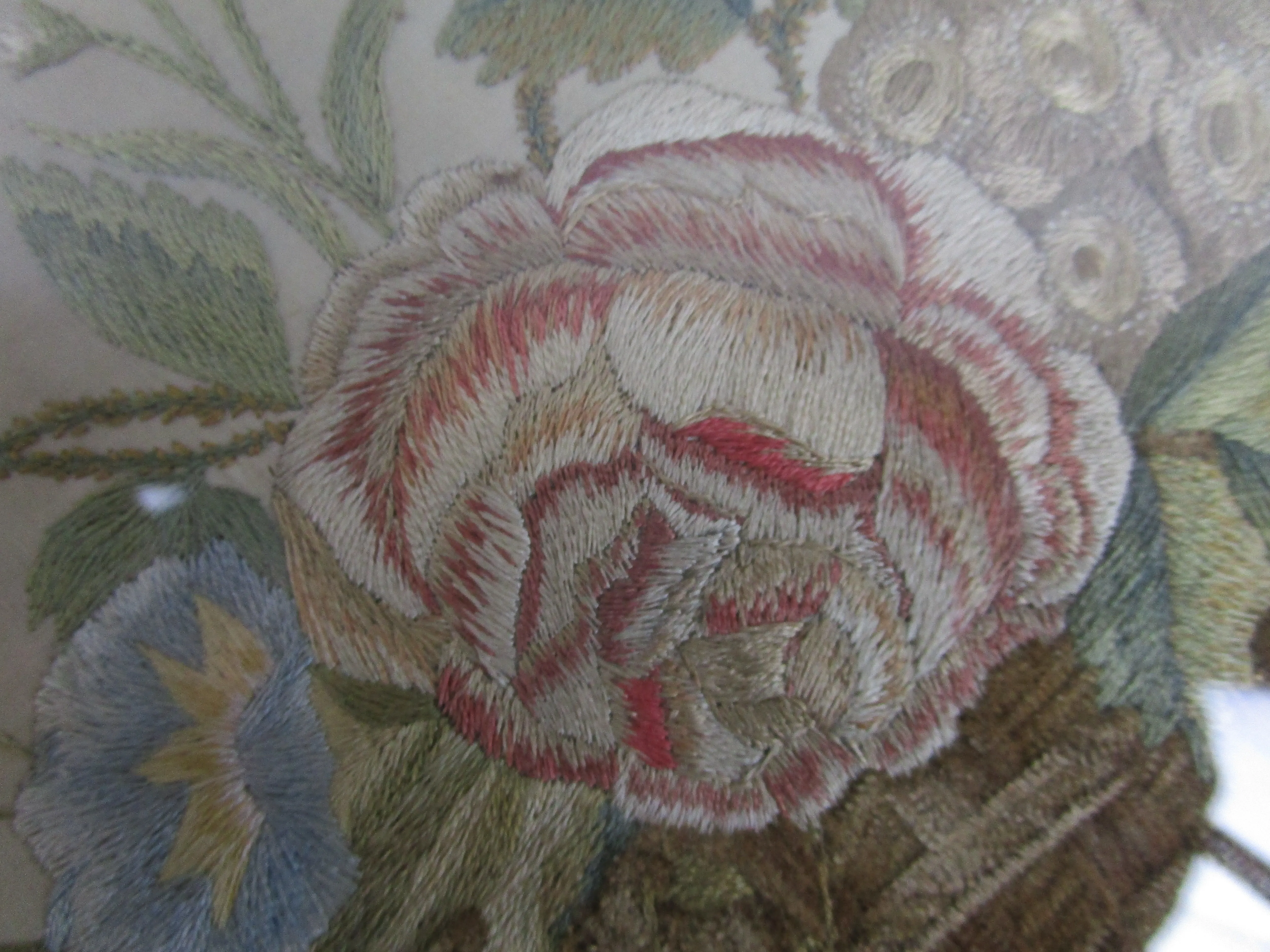 Needlework Embroidery On Silk Basket With Flowers Antique Georgian c1800