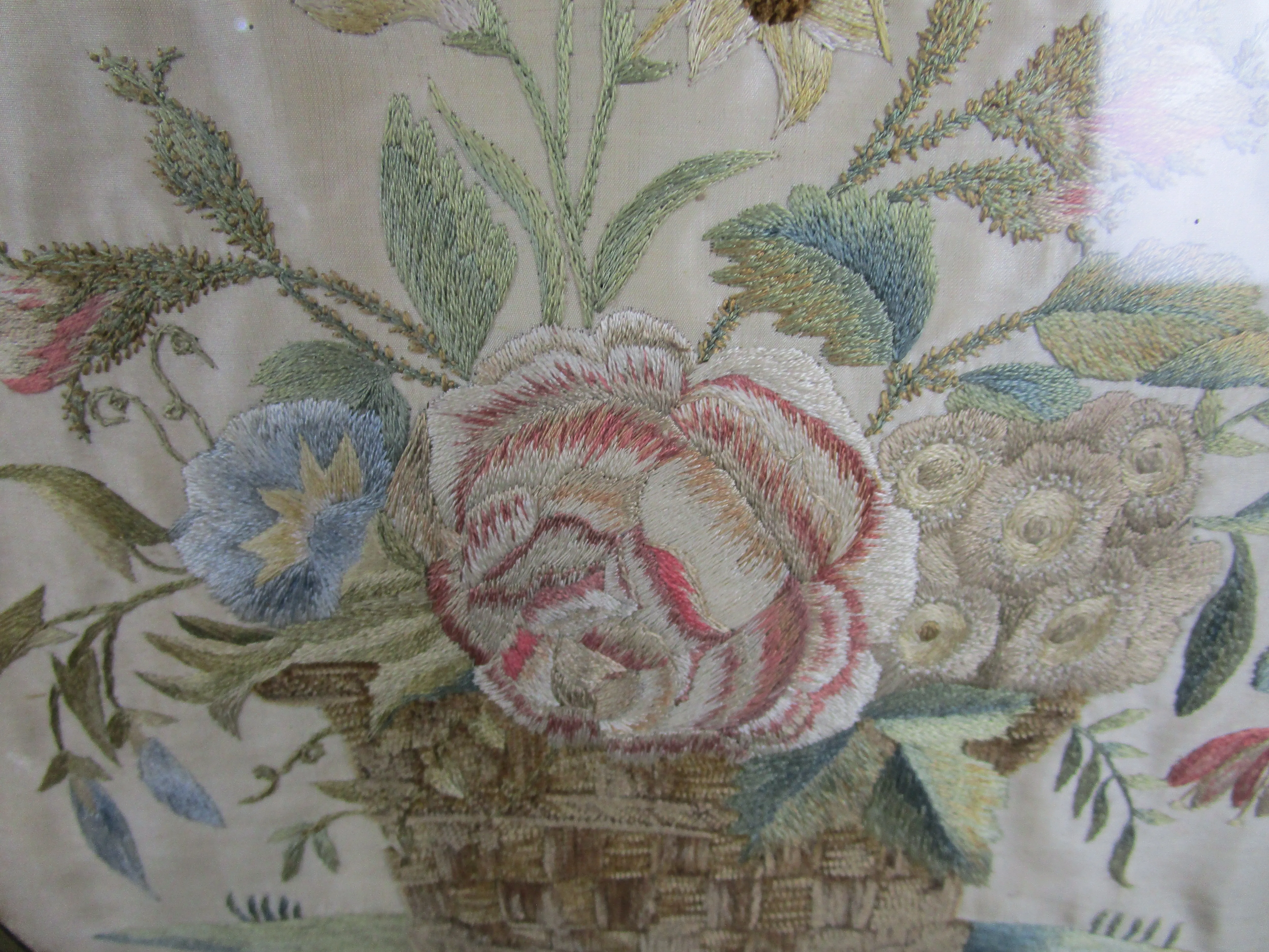 Needlework Embroidery On Silk Basket With Flowers Antique Georgian c1800