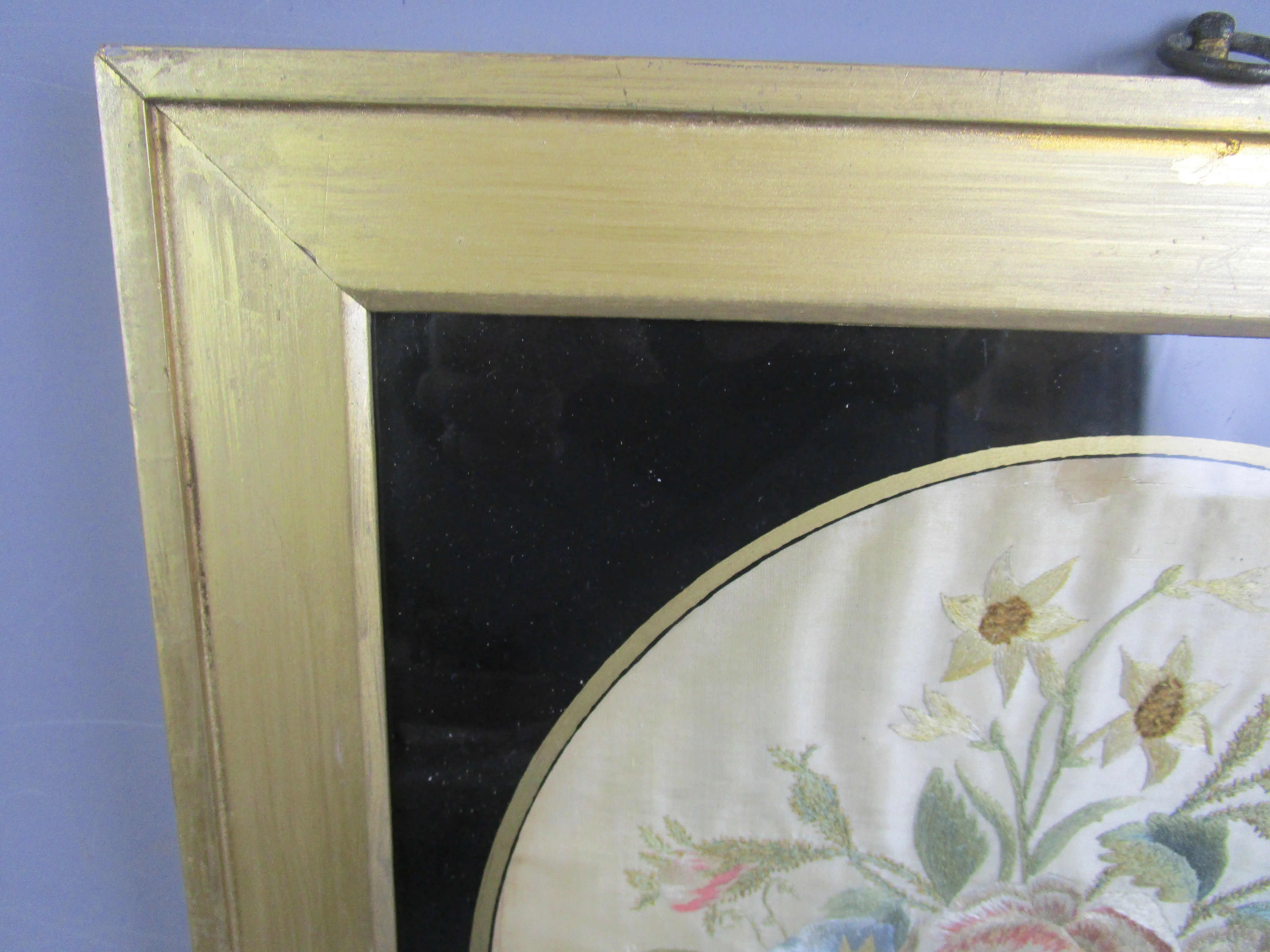 Needlework Embroidery On Silk Basket With Flowers Antique Georgian c1800