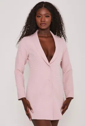 Pearl Embellished Tuxedo Collar Blazer Dress Blush Pink