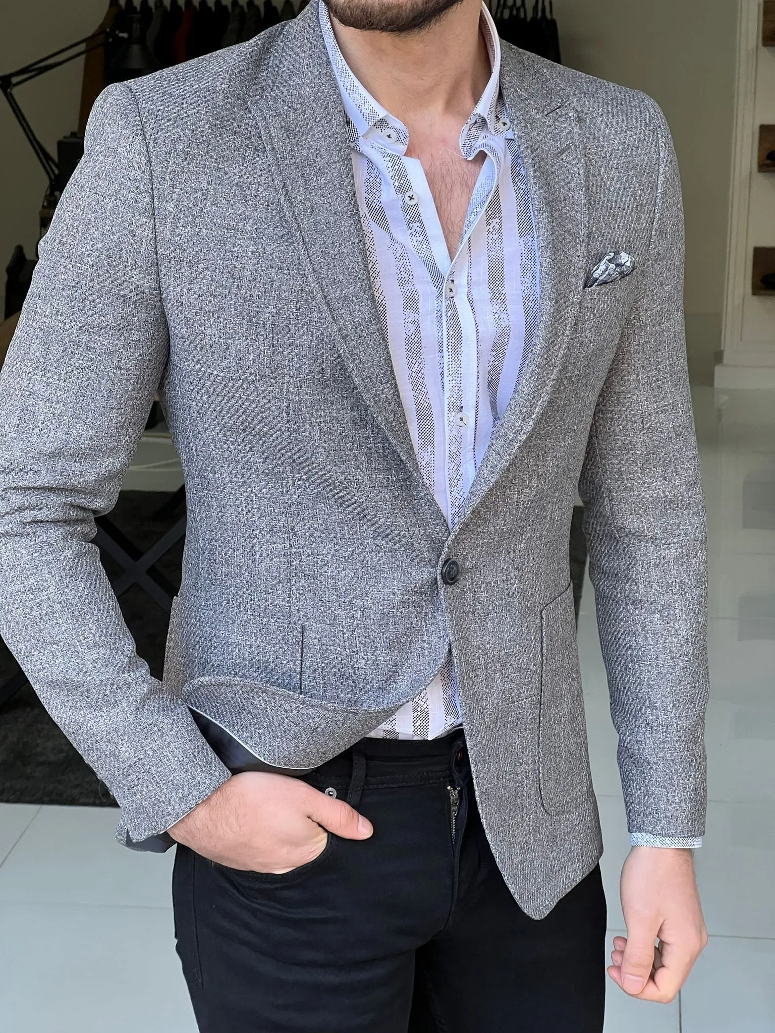 Slim Fit Self-Patterned Grey Jacket