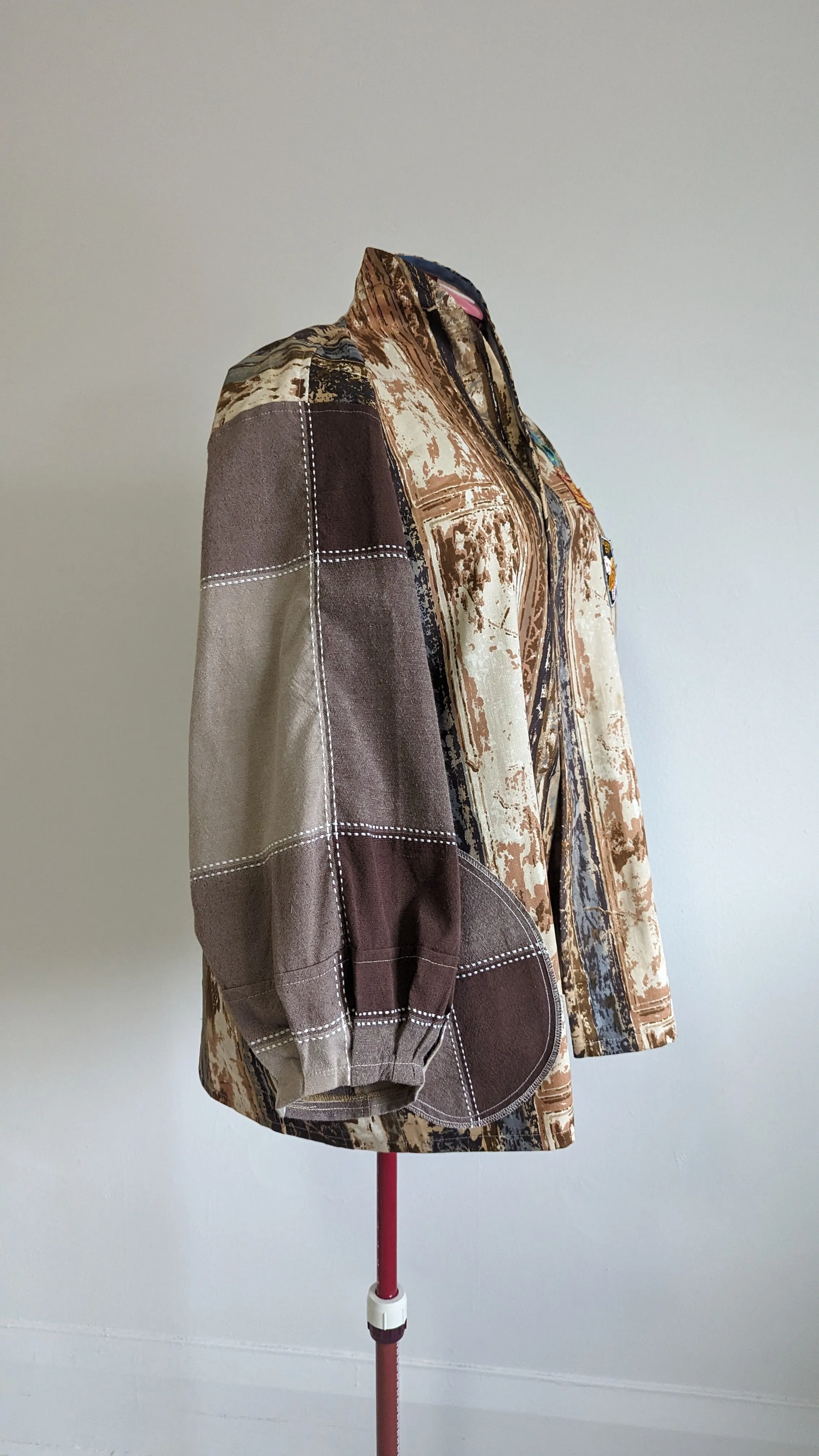 Vivianne Blazer with Upcycled Lightweight Drapery & Vintage Souvenir Travel Patches Size 2X/3X #VIVC6