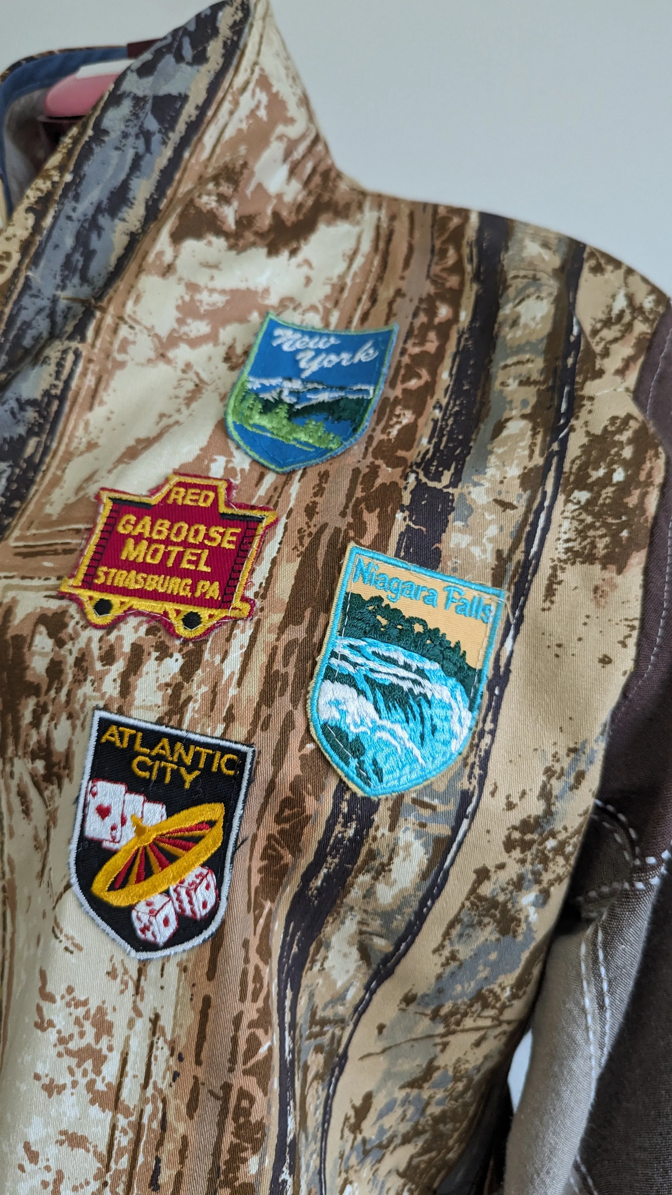 Vivianne Blazer with Upcycled Lightweight Drapery & Vintage Souvenir Travel Patches Size 2X/3X #VIVC6
