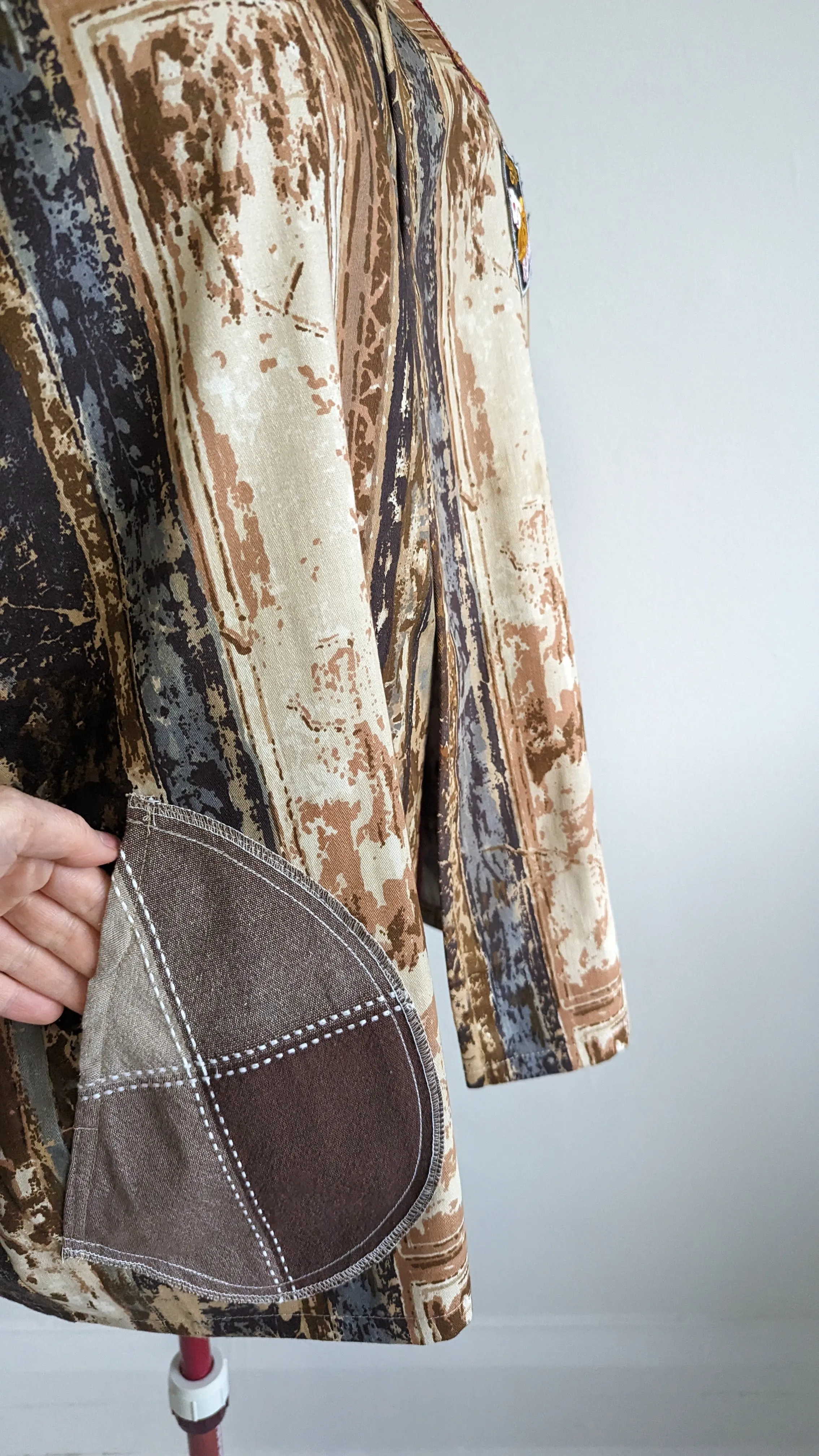 Vivianne Blazer with Upcycled Lightweight Drapery & Vintage Souvenir Travel Patches Size 2X/3X #VIVC6