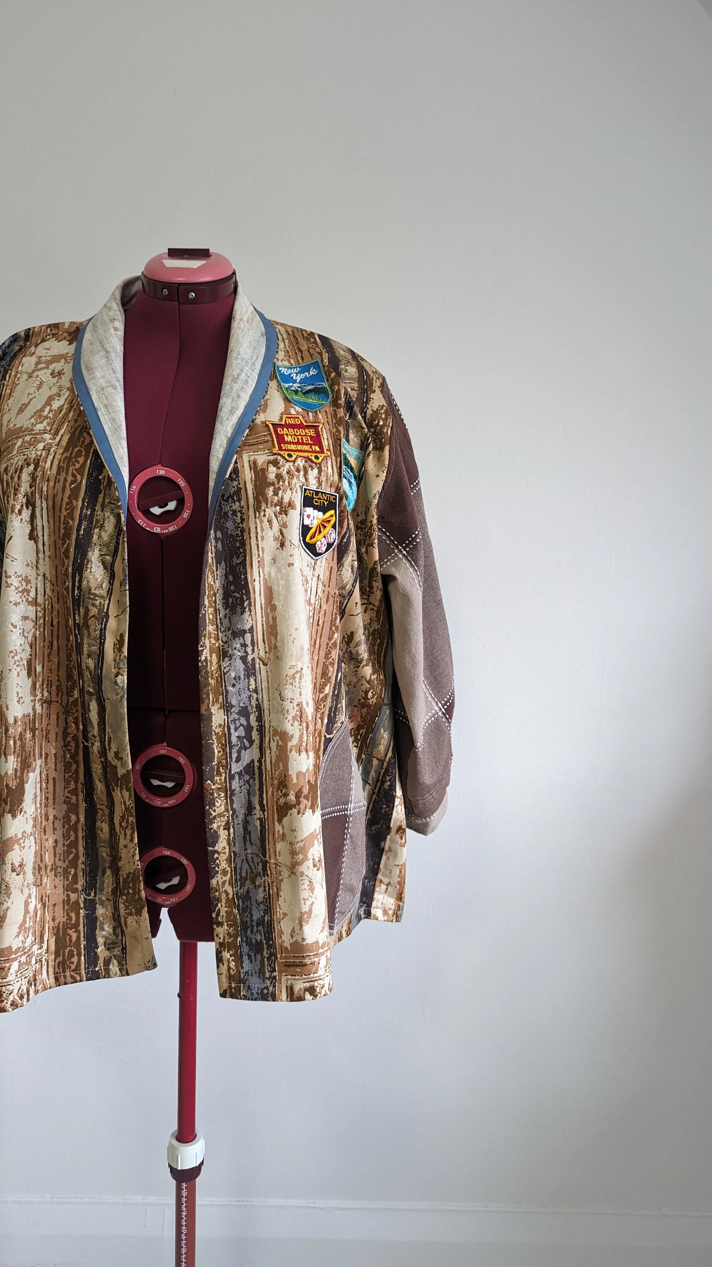 Vivianne Blazer with Upcycled Lightweight Drapery & Vintage Souvenir Travel Patches Size 2X/3X #VIVC6