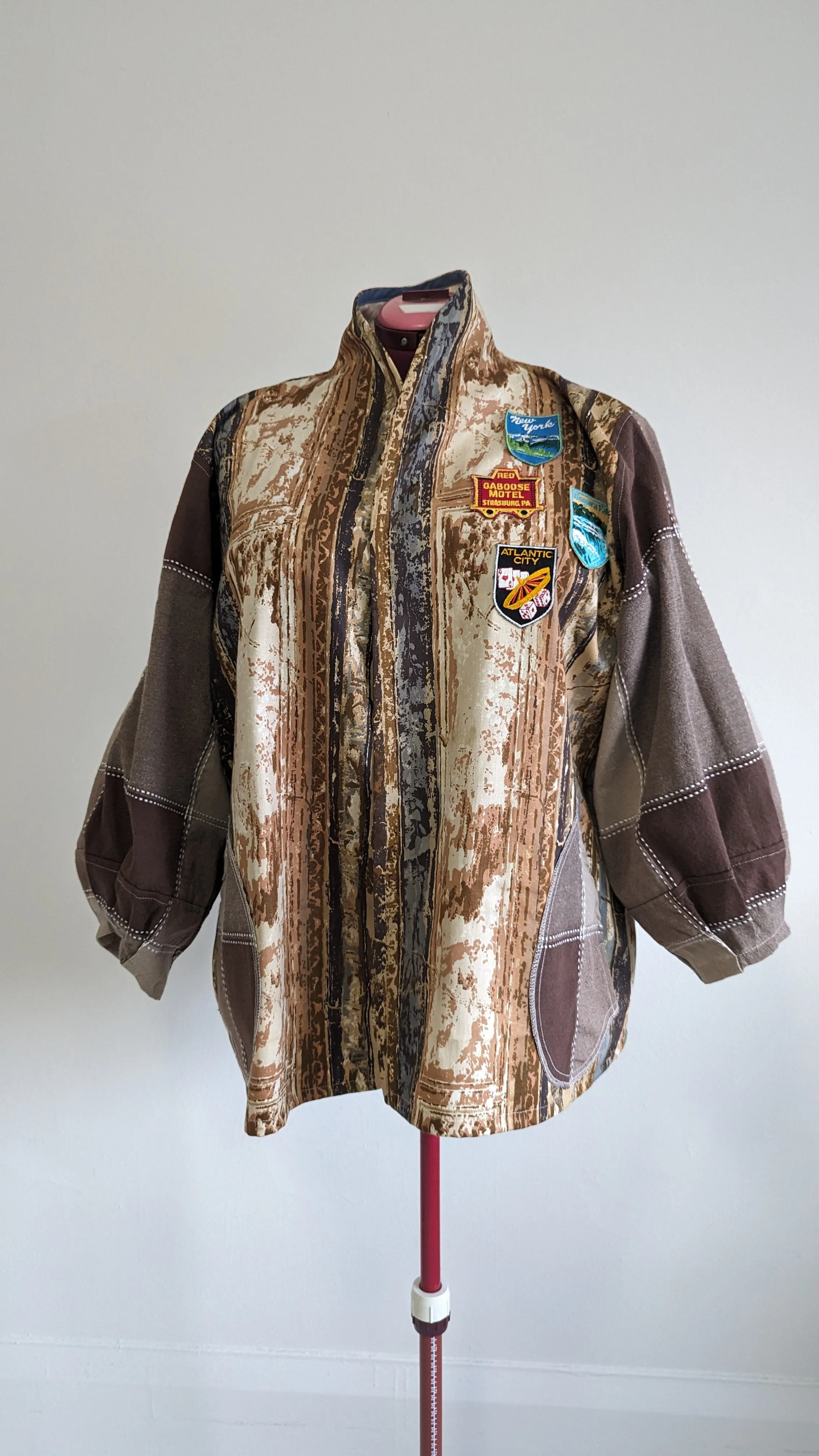 Vivianne Blazer with Upcycled Lightweight Drapery & Vintage Souvenir Travel Patches Size 2X/3X #VIVC6